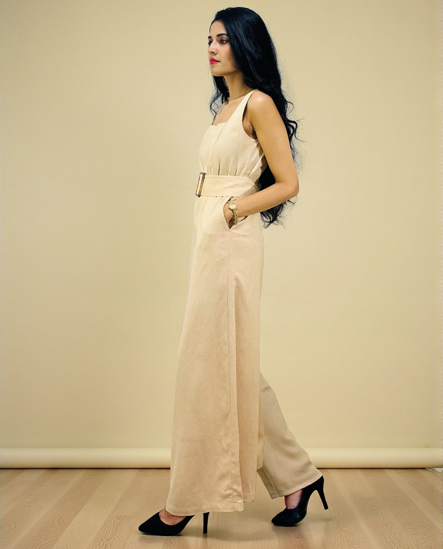 Wide-Leg Square-Neck Jumpsuit – Desert Beige