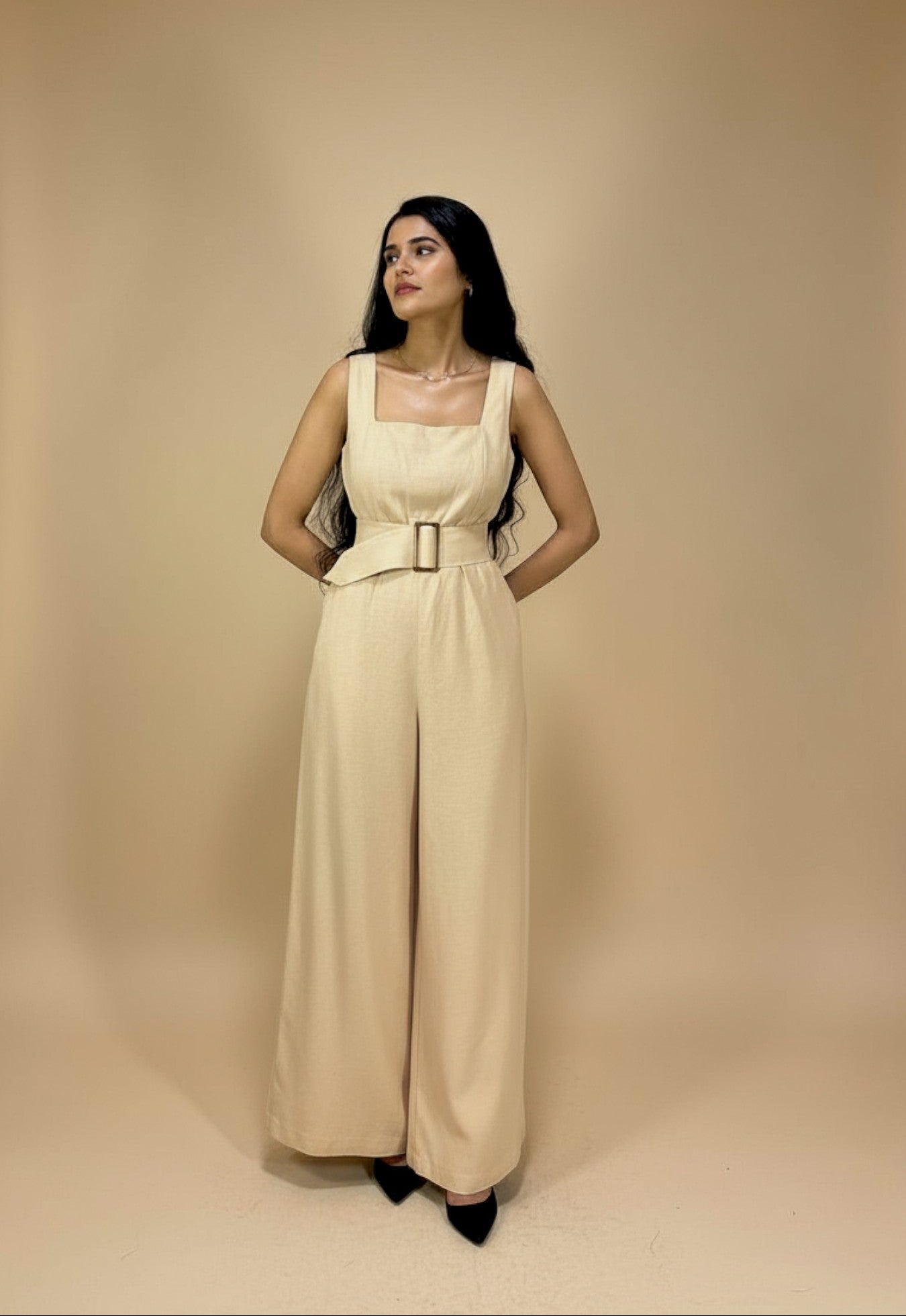 Wide-Leg Square-Neck Jumpsuit – Desert Beige
