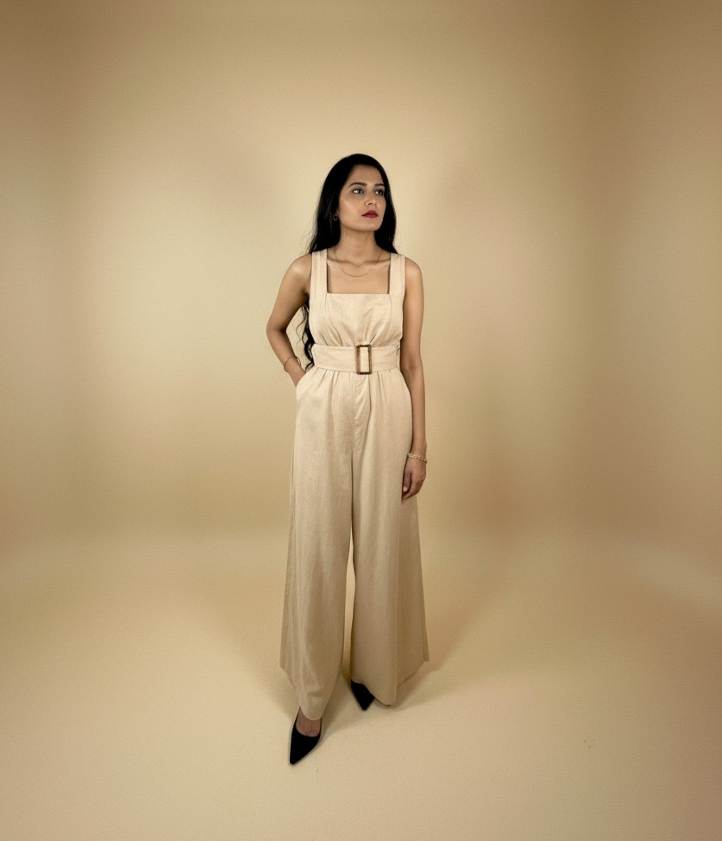 Wide-Leg Square-Neck Jumpsuit – Desert Beige
